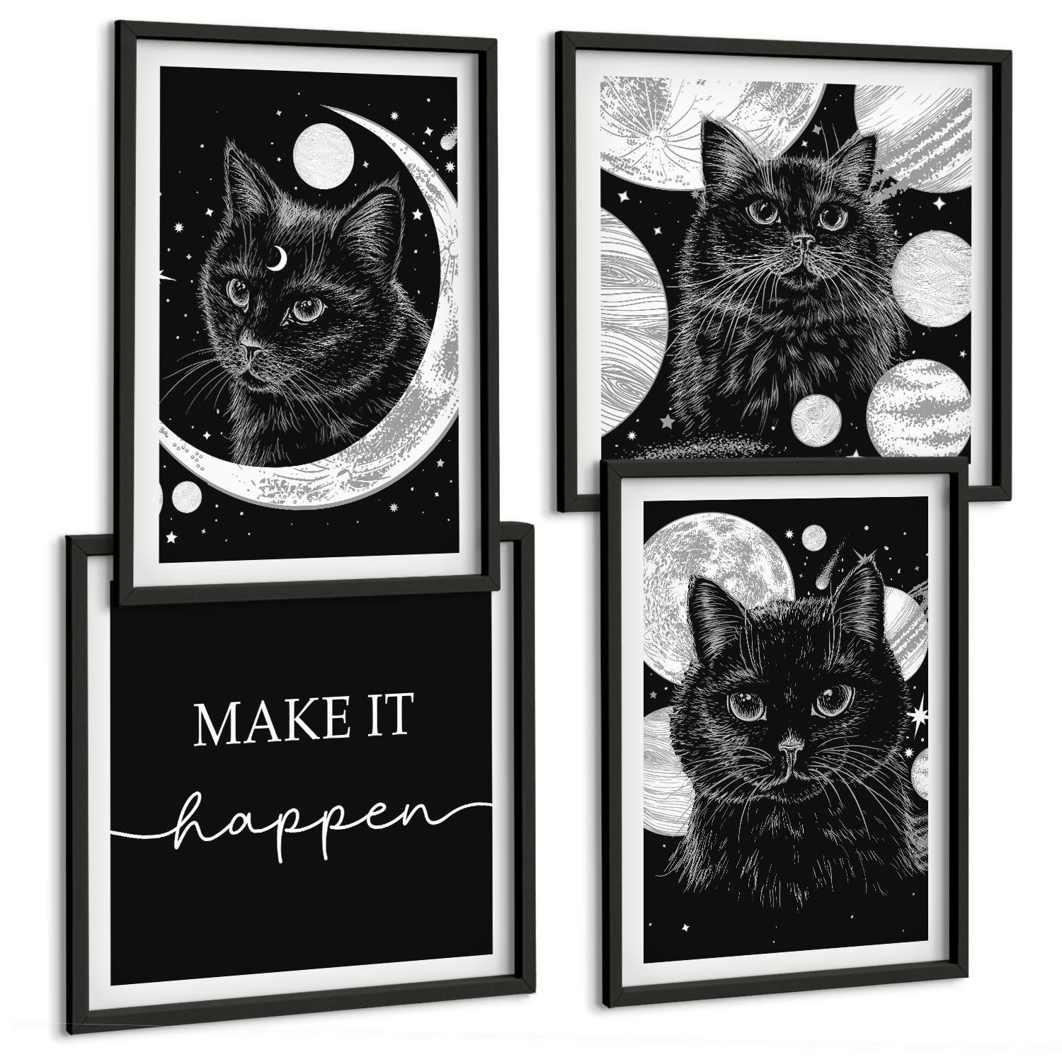 BILDER SET 4er Set - 50x50 cm & 40x60 cm Schwarzer Rahmen - Schwarze Katzen, Mond, Planet - Schwarz, Kunststoff (50/50cm) - TULUP