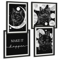 BILDER SET 4er Set - 50x50 cm & 40x60 cm Schwarzer Rahmen - Schwarze Katzen, Mond, Planet - Schwarz, Kunststoff (50/50cm) - TULUP
