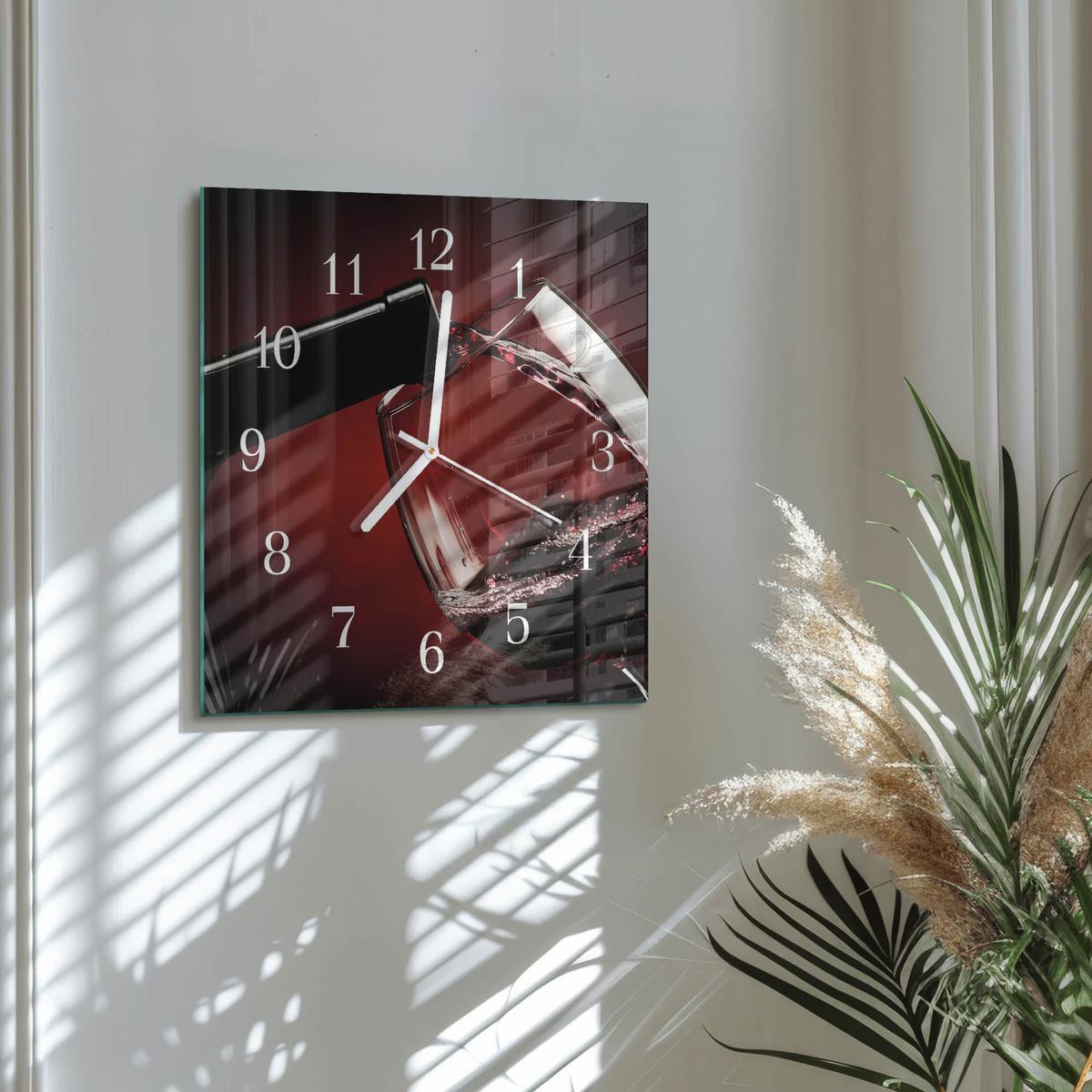 WANDUHR aus Glas 30x30 cm - Weinglas - Rot, Glas (30/30/0.4cm) - TULUP