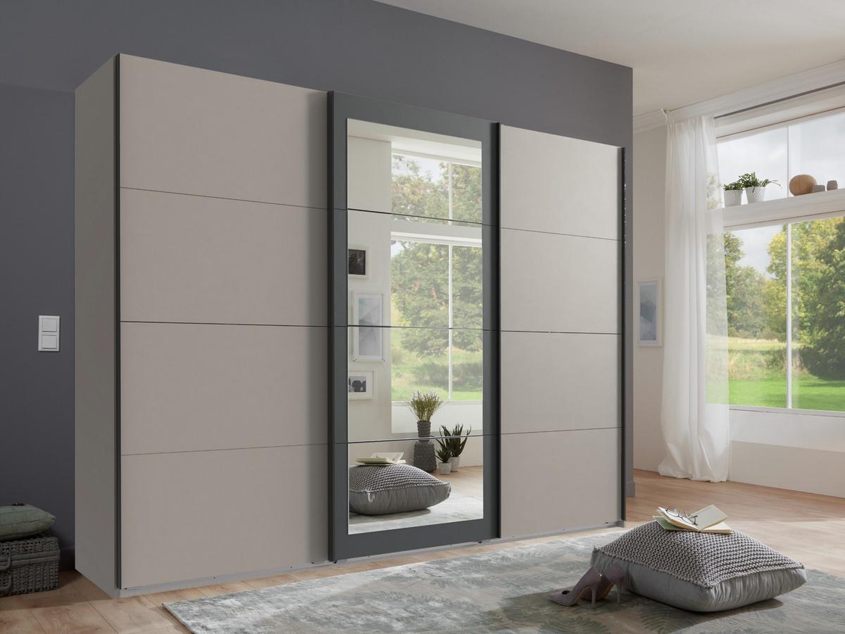 SCHWEBETÜRENSCHRANK 3-türig B270/H210/T65 cm, Spiegeltür, Kleiderschrank in Sandgrau mit Absetzungen in Anthrazit / 22007 - Sandfarben/Anthrazit, Holzwerkstoff/Metall (270/208/65cm) - luma-home