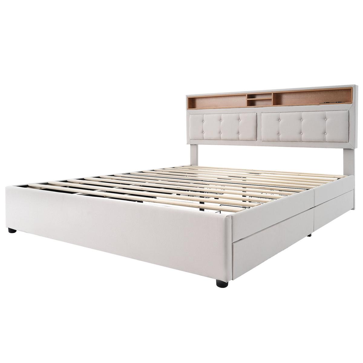 POLSTERBETT leinen-optik beige 140X200 mit 4 schubladen & integrierter ladestation - Eichefarben/Beige, Textil (140/200cm) - Urban Meuble