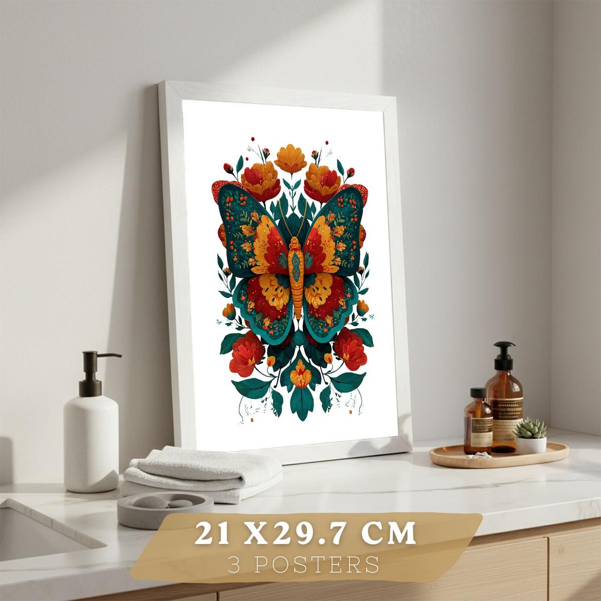 POSTER 3er-Set dekorative Badezimmer-Kunstdrucke, farbenfrohe im Stil der Volkskunst, Toilette mit Hahn, Schmetterling und Vögeln Weißer Rahmen A4 - Weiß, Papier (29.7/21/3cm) - Nacnic