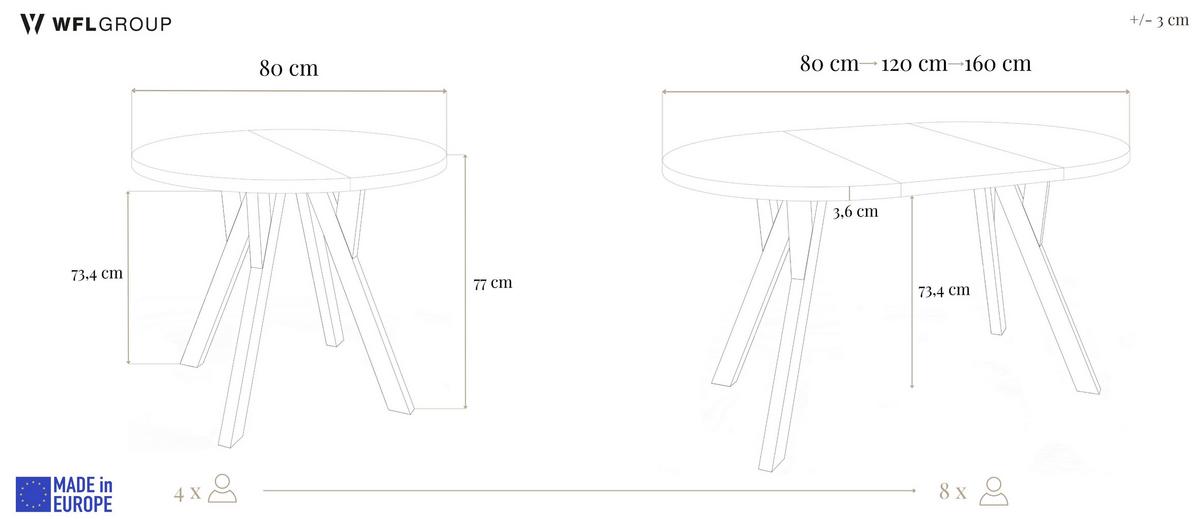 ESSTISCH Avero runder ausziehbarer, Beton grau 80-160/80/77 cm - Hellbraun/Hellgrau, Holz/Holzwerkstoff (80/160/77cm) - WFL GROUP
