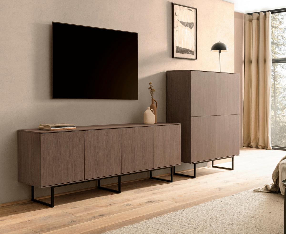 WOHNWAND in Nussbaum 2-teilig 330 cm, Komplett-Set mit Push-to-Open - Nussbaumfarben/Schwarz, Holzwerkstoff/Metall (330/137/40cm) - Furn.Design