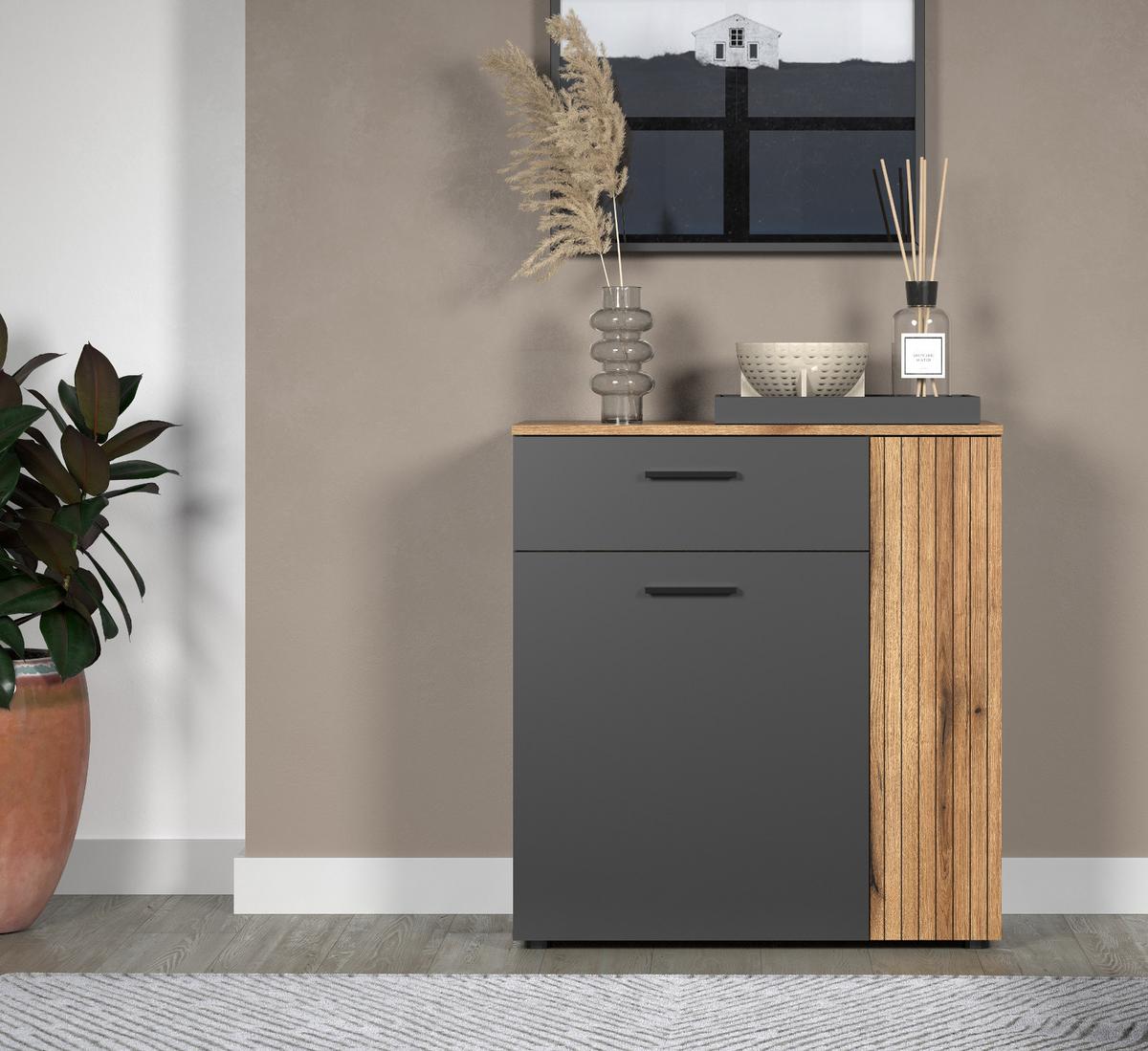 KOMMODE grau, Eiche Evoke 80 cm, Sideboard in modernem Design - Eichefarben/Anthrazit, Holzwerkstoff/Kunststoff (80/86/38cm) - Top.Furn