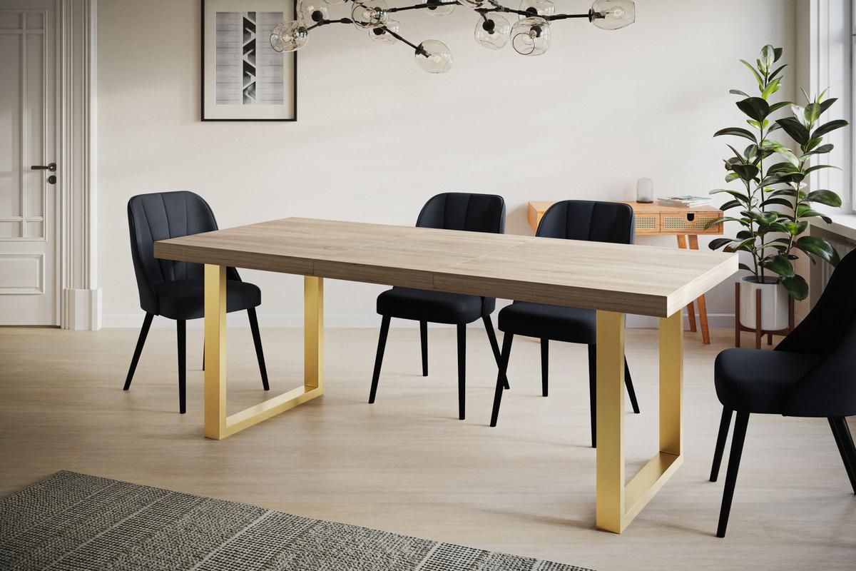 INDUSTRIELLER Esszimmertisch LOFT-U, ausziehbarer Tisch, Größe: 160-260X90X77 cm, Wohnzimmertisch Farbe: SONOMA, mit Metallbeinen in Farbe Gold - Goldfarben/Sonoma Eiche, Holzwerkstoff (160/90/77cm) - Alpi-Möbel