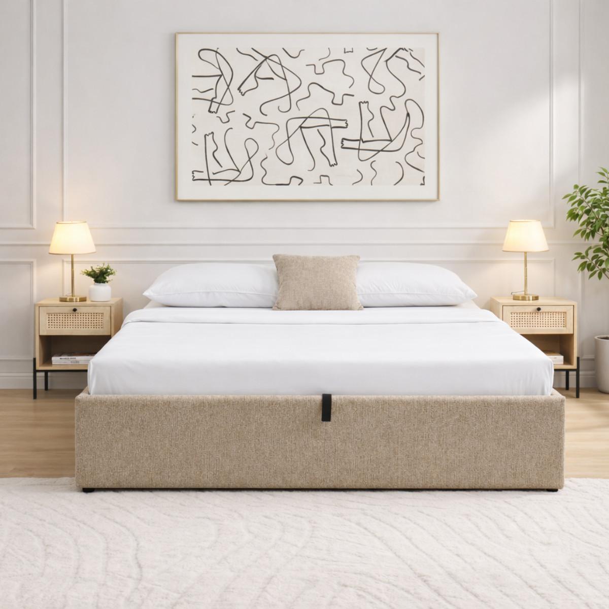 BETT mit Bettkasten 140 x 190 cm aus meliertem Stoff 150/36,50/204 cm - Braun, Holz (190/140cm) - Calicosy