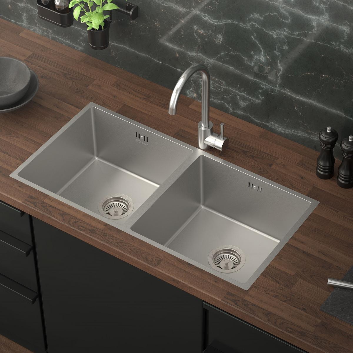 DOPPEL-SPÜLBECKEN aus Edelstahl 81,5x40 cm mit Siphon - Silberfarben, Metall (81.5/20/40cm) - ML-DESIGN