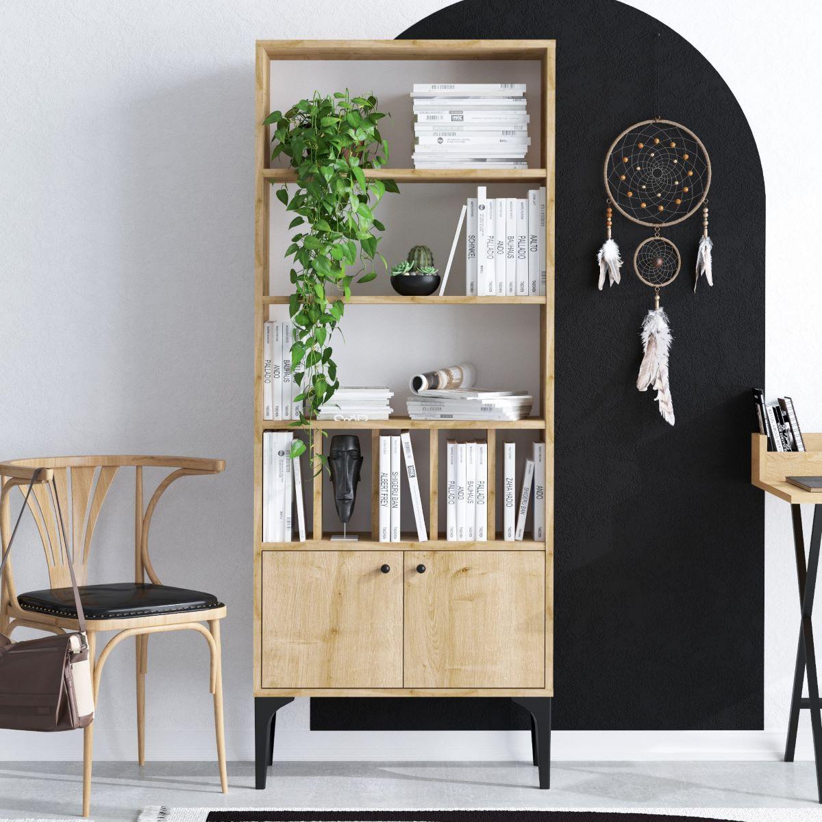 REGAL Bücherregal 8 Regale 2 Türen Eiche Saphir Dekor H175 cm - Pollux - Eschefarben, Holzwerkstoff (30/175/11cm) - Calicosy