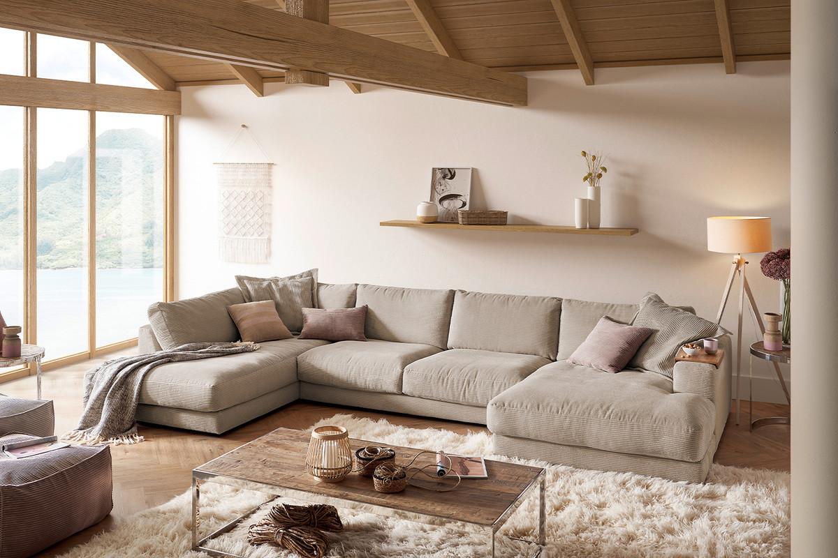WOHNLANDSCHAFT MADELINE Taupe Cord - Taupe/Schwarz, Kunststoff/Textil (425/86/224cm) - KAWOLA