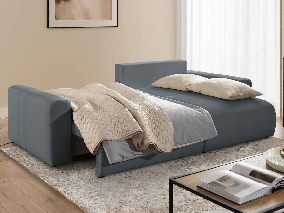 ECKSOFA Calma mit Schlaffunktion und Bettkasten im Bumpy-Design aus weichem Dunkelgrau Webstoff - Ottomane rechts - Dunkelgrau/Schwarz, Holz/Kunststoff (140/239cm) - S-Style
