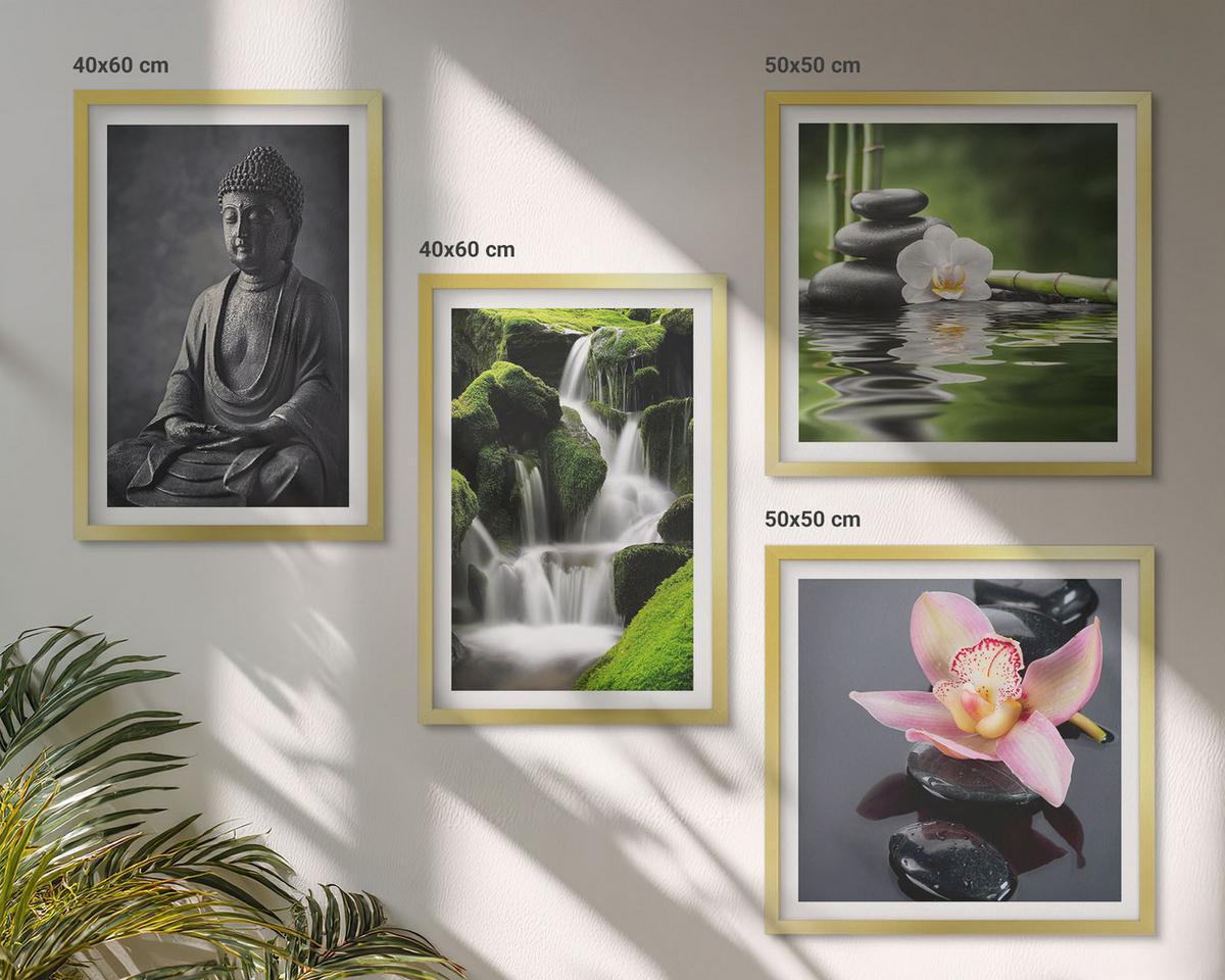 BILDER SET 4er Set - 50x50 cm & 40x60 cm Goldrahmen - Zen-Gemälde, Wassersteine, Buddha - Goldfarben, Kunststoff (50/50cm) - TULUP