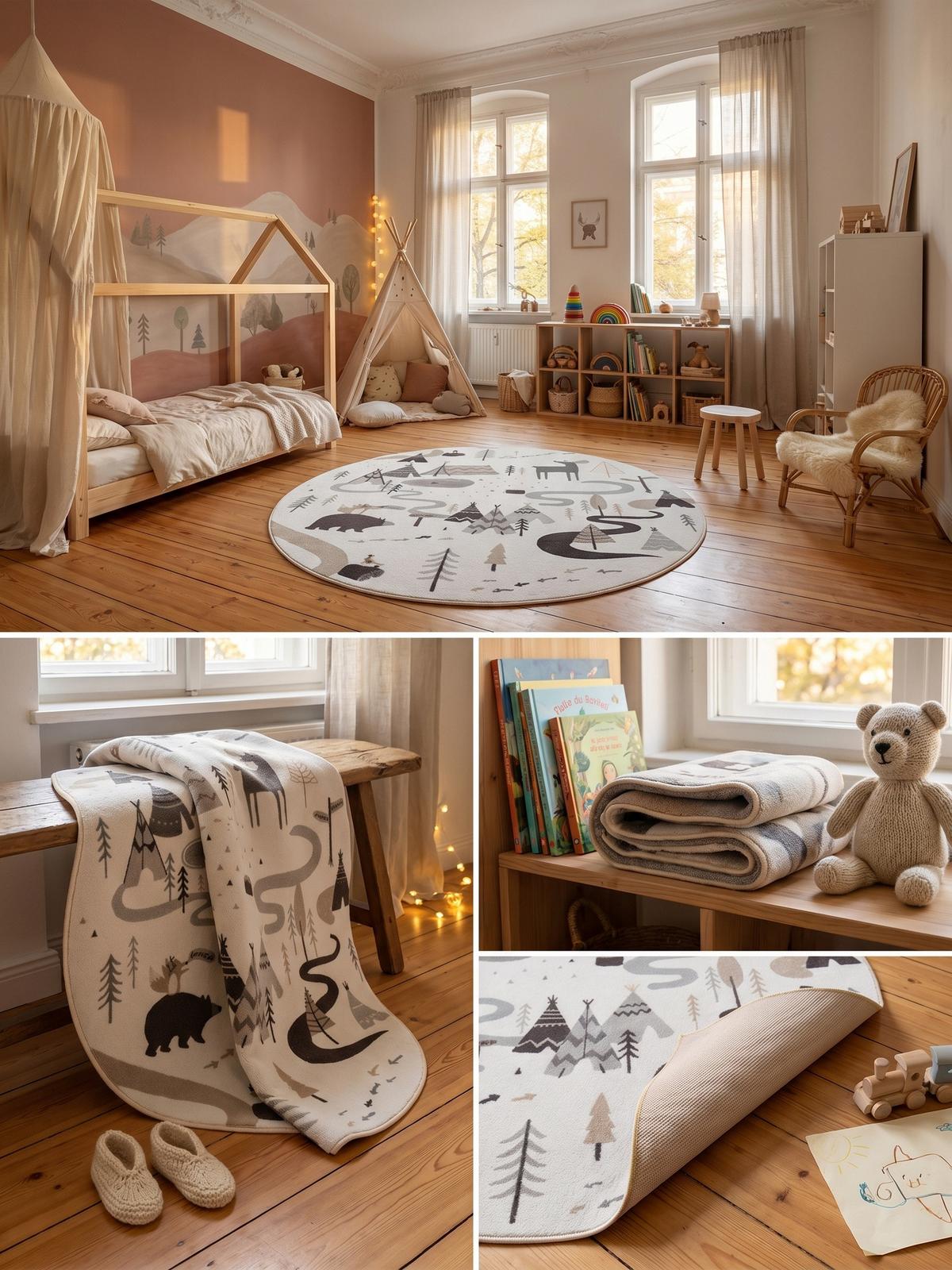 SPIELTEPPICH Waschbar TINO in Creme, mit Waldtier-Motiv, Ø 200 cm - Beige, Textil (200/200cm) - KADIMA DESIGN