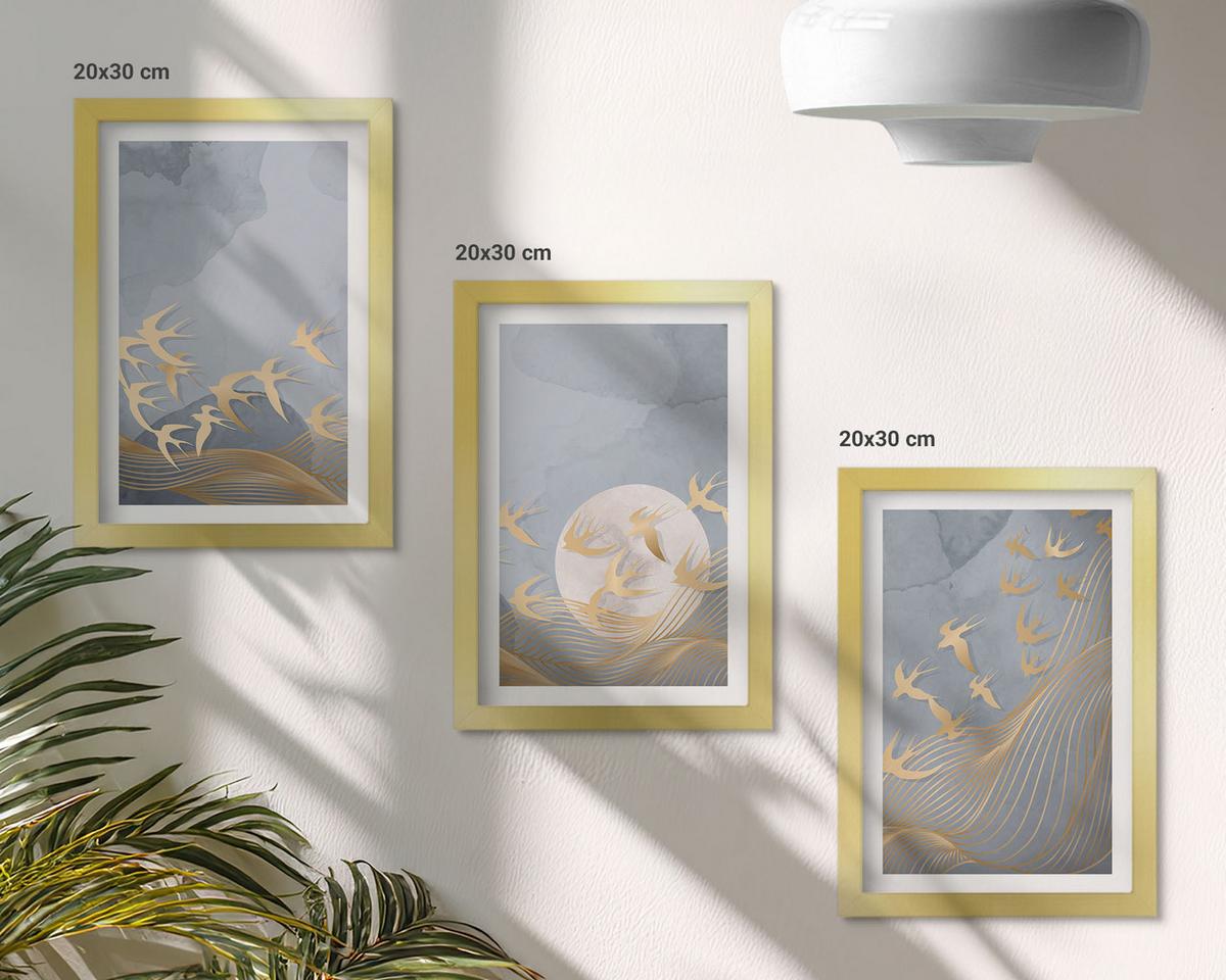 BILDER SET 3er Set - 20x30 cm Goldrahmen - Vögel, die am Himmel fliegen - Goldfarben, Kunststoff (20/30cm) - TULUP