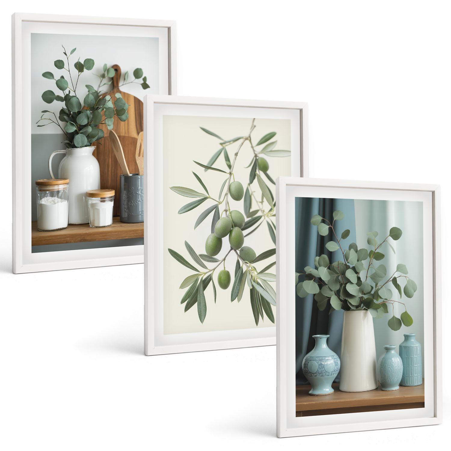 BILDER SET 3er Set - 40x60 cm Weißer Rahmen - Grüne Oliven, Eukalyptus - Weiß, Kunststoff (40/60cm) - TULUP