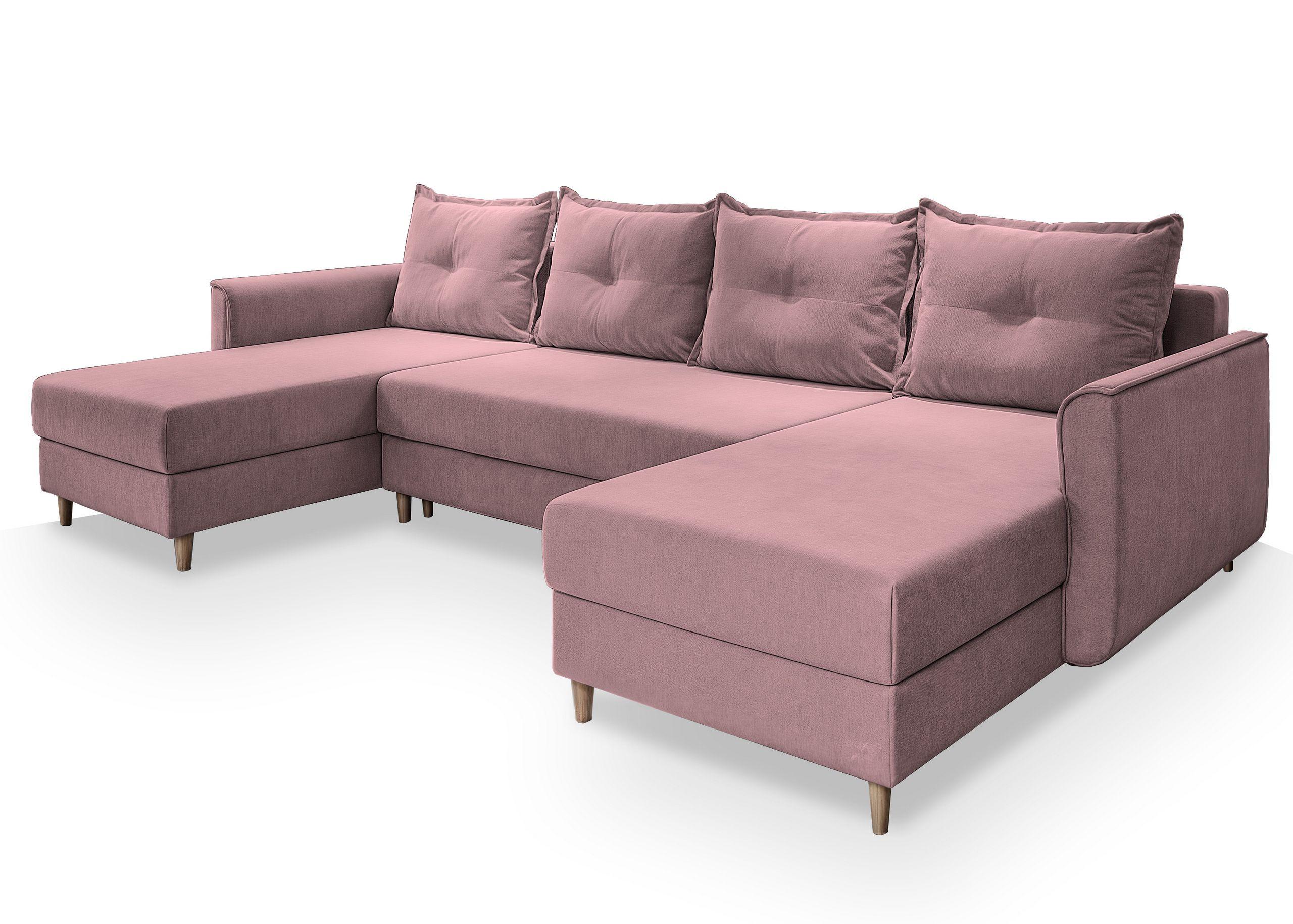 WOHNLANDSCHAFT VERNI Rosa Plüsch-Stoff mit Schlaffunktion - Rosa/Braun, Holz/Textil (285/91/143cm) - MASSENO