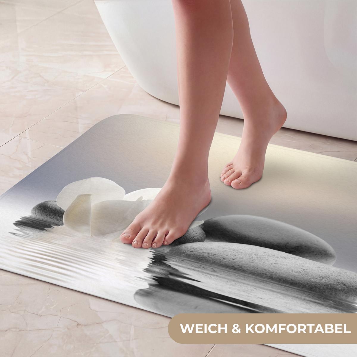 BADEMATTE Steine - Lotus - Weiß - Wasser - Zen 80x50 cm - Weiß, Textil (80/50cm) - OnlyWow