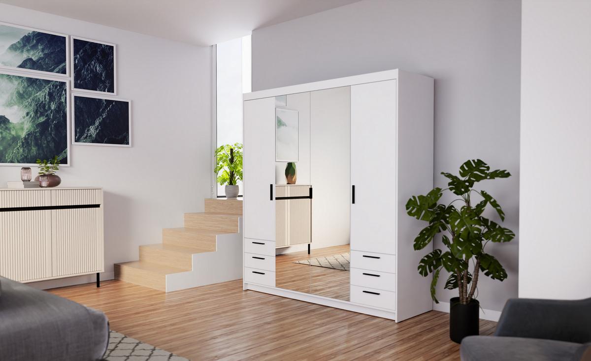 KLEIDERSCHRANK Storicos Weiß 176,3/190,5/53 cm - 4T6S Modern mit Schubladen und Spiegel - Weiß, Holzwerkstoff/Kunststoff (176.3/190.6/53cm) - AX Living