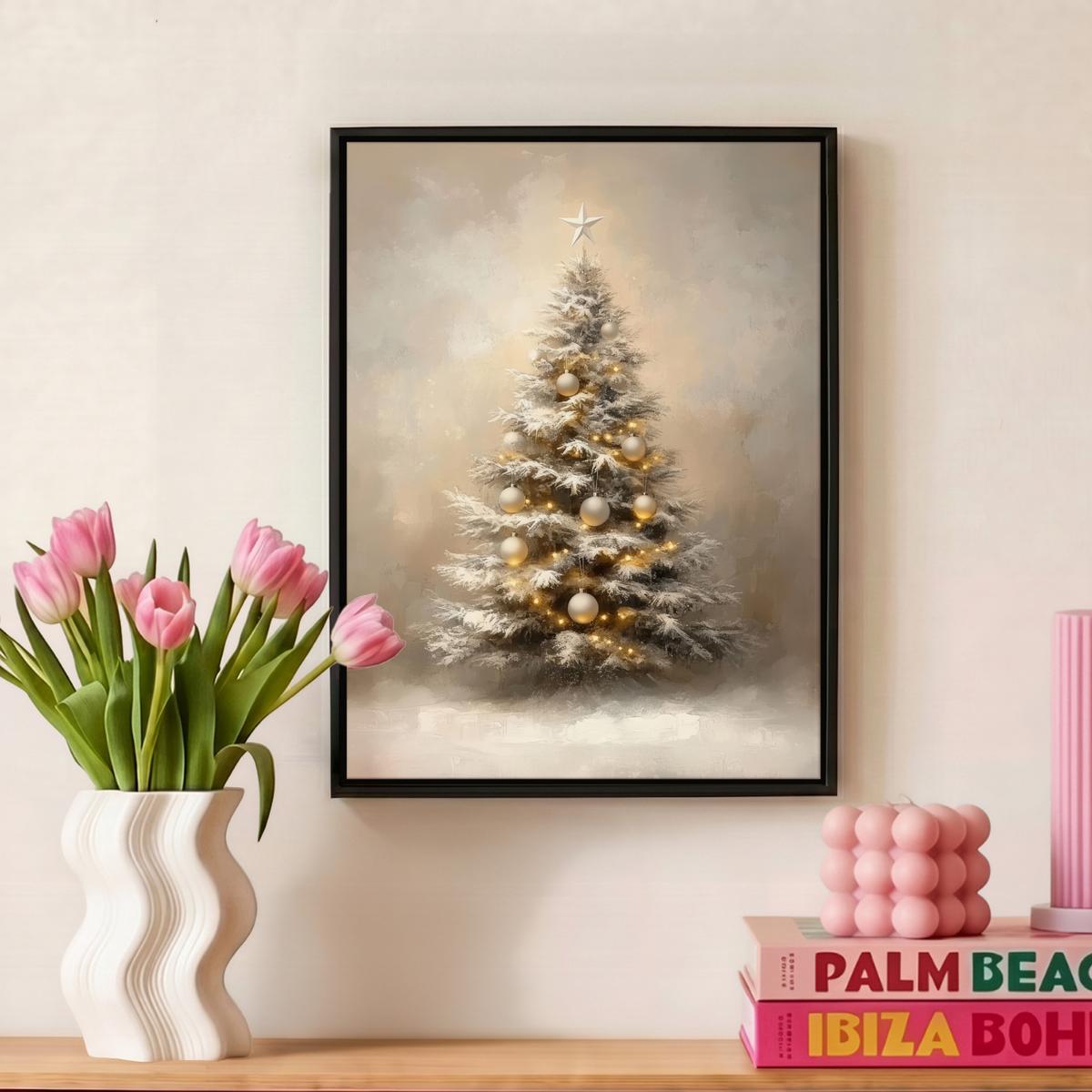 LEINWAND Bilder mit Rahmen - Weihnachten - Weihnachtsbaum - Schnee - Kunst - 30x40 - Champagner, Textil (30/40cm) - MuchoWow
