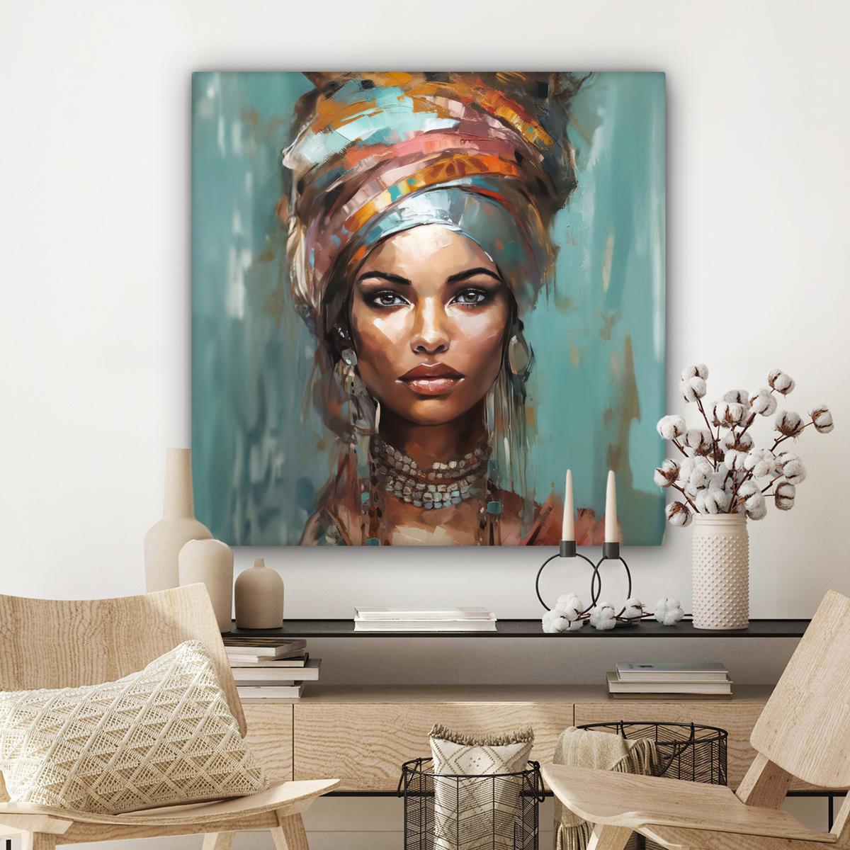 LEINWANDBILD Frau - Kunst - Schmuck - Porträt Deko Groß 90x90 cm - Blaugrau, Textil (90/90cm) - MuchoWow
