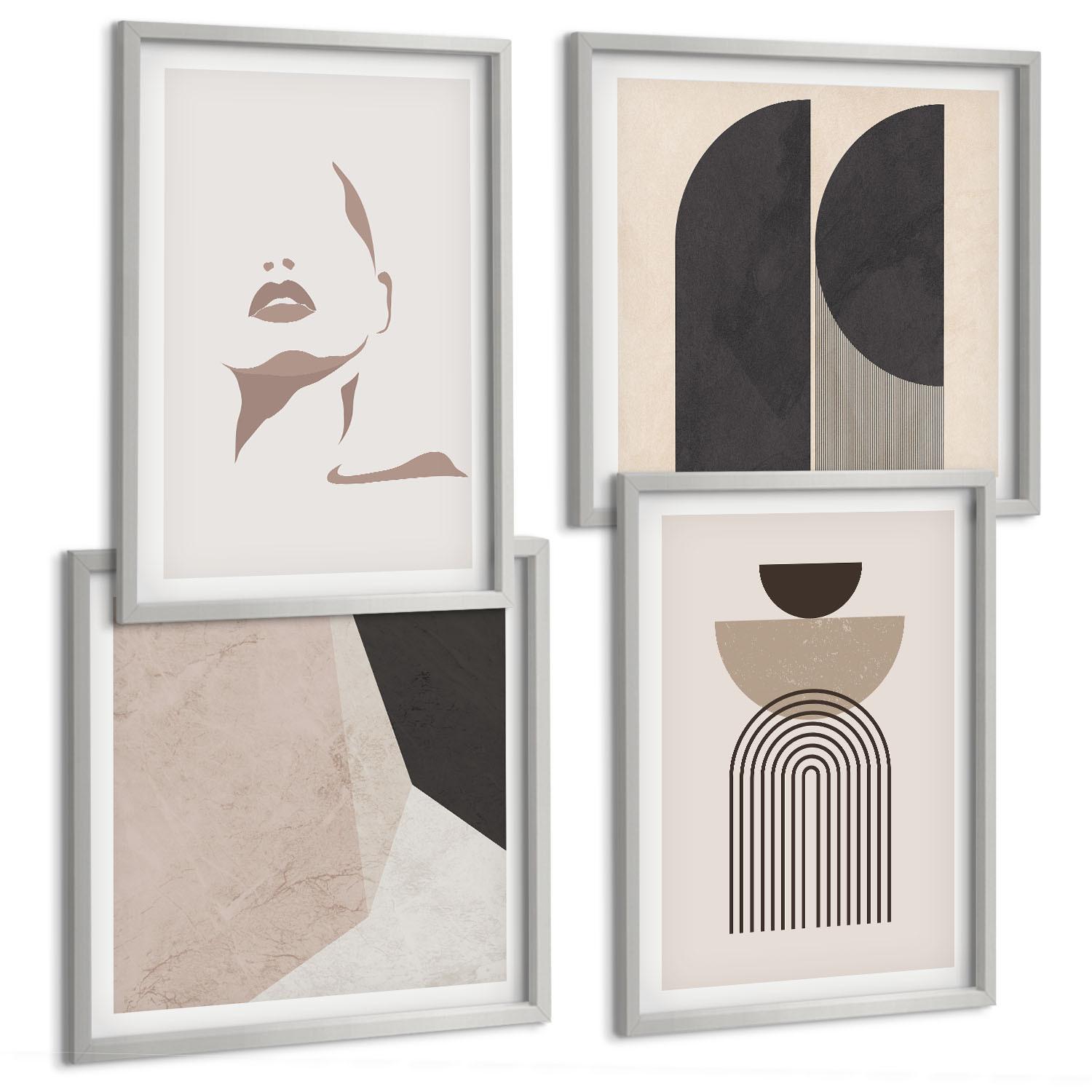 BILDER SET 4er Set - 50x50 cm & 40x60 cm Silberner Rahmen - Abstrakte weiß-braune Muster - Silberfarben, Kunststoff (50/50cm) - TULUP