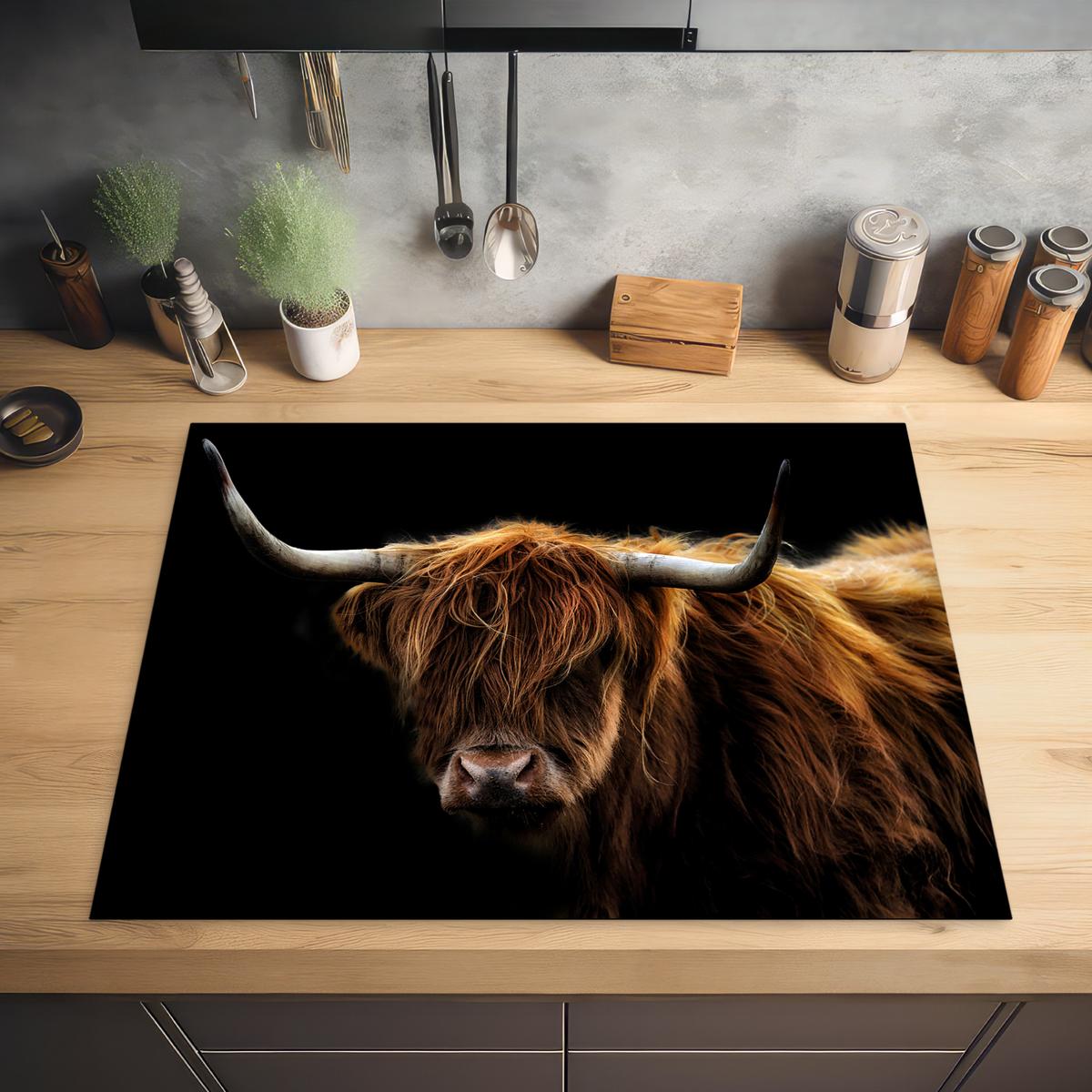 HERDABDECKPLATTE Schottischer Highlander - Hörner - Schwarz - Tiere - Natur - Wild - Kuh Induktionsmatte 77x59 cm - Cognac, Kunststoff (77/59/0.2cm) - MuchoWow