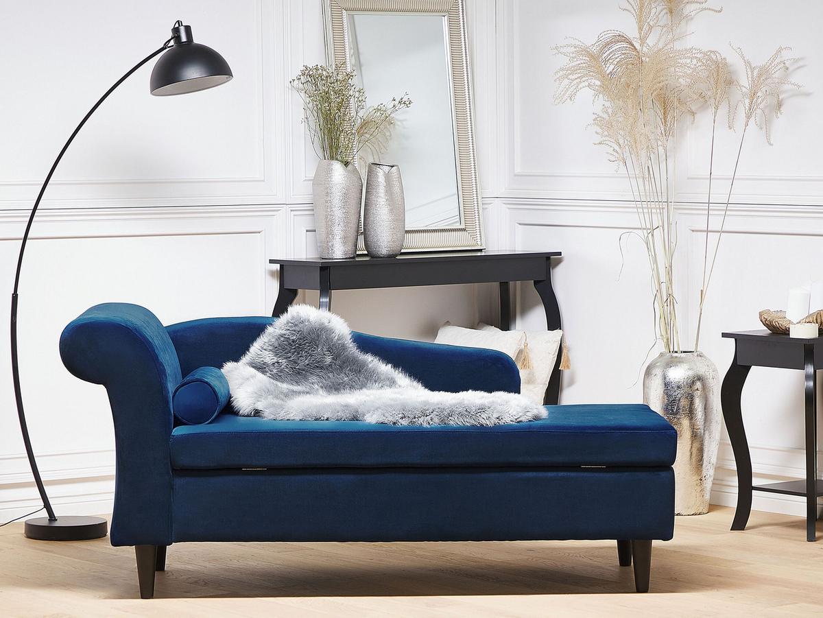 CHAISELONGUE Samtstoff marineblau linksseitig Luiro - Blau/Dunkelbraun, Textil (160/77/70cm) - Beliani