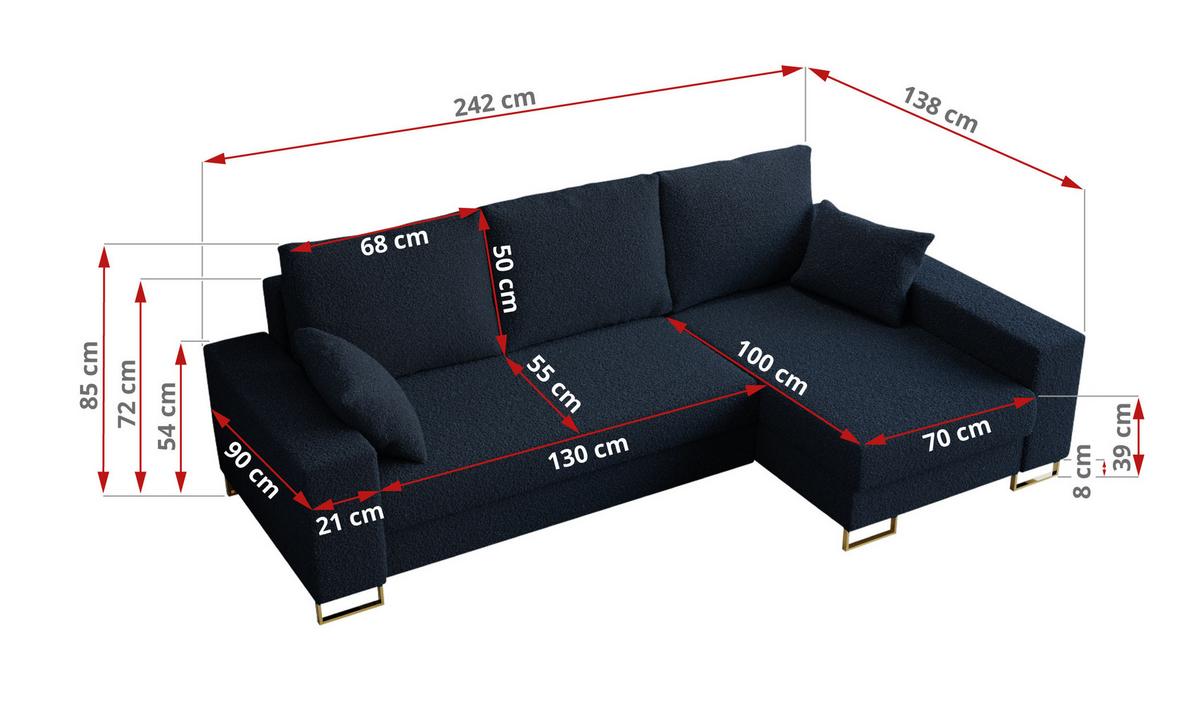 ECKSOFA Dorian Boucle Dunkelblau - Goldfarben/Dunkelblau, Textil/Metall (242/138cm) - MKS