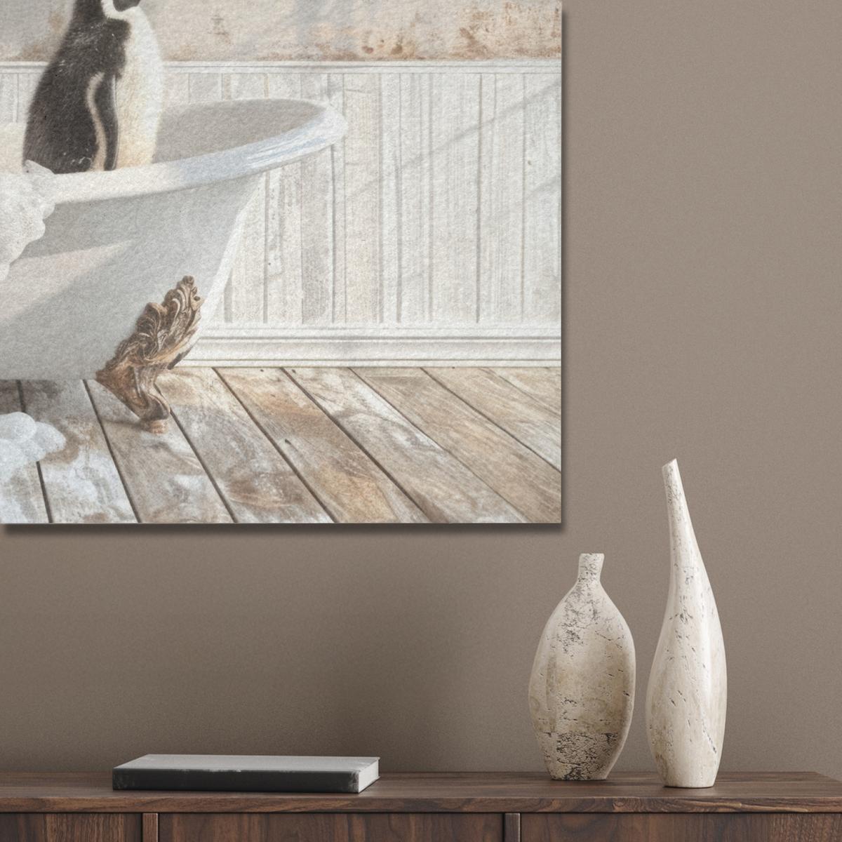 AKUSTIKBILD Vintage - Pinguin - Badewanne - Schaumstoff Gemälde 80x60 cm - Schwarz, Kunststoff (80/60/0.9cm) - MuchoWow