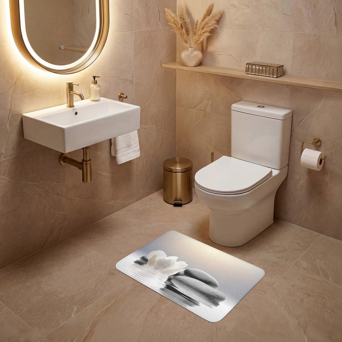 WC-VORLEGER Steine - Lotus - Weiß - Wasser - Zen Toilettenvorleger 60x40 cm - Weiß, Textil (60/1cm) - OnlyWow