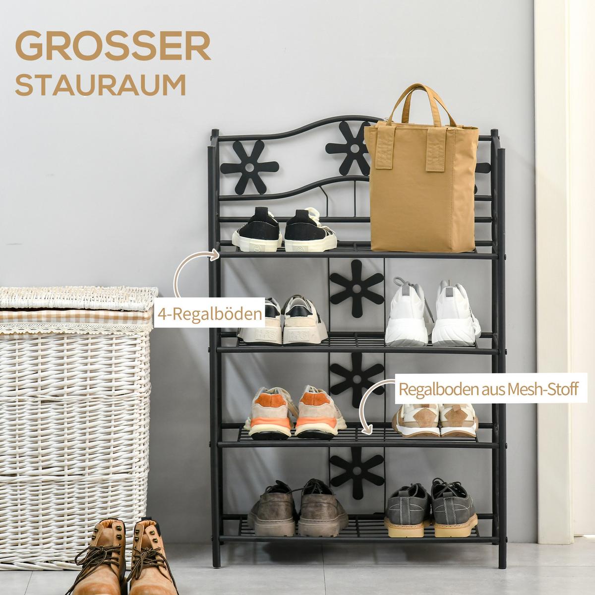 SCHUHREGAL, Standregal, Ständer, 4 Ebenen, Metall, 59,5 x 30 x 92 cm, Schwarz - Schwarz, Metall (30/92/595cm) - HOMCOM