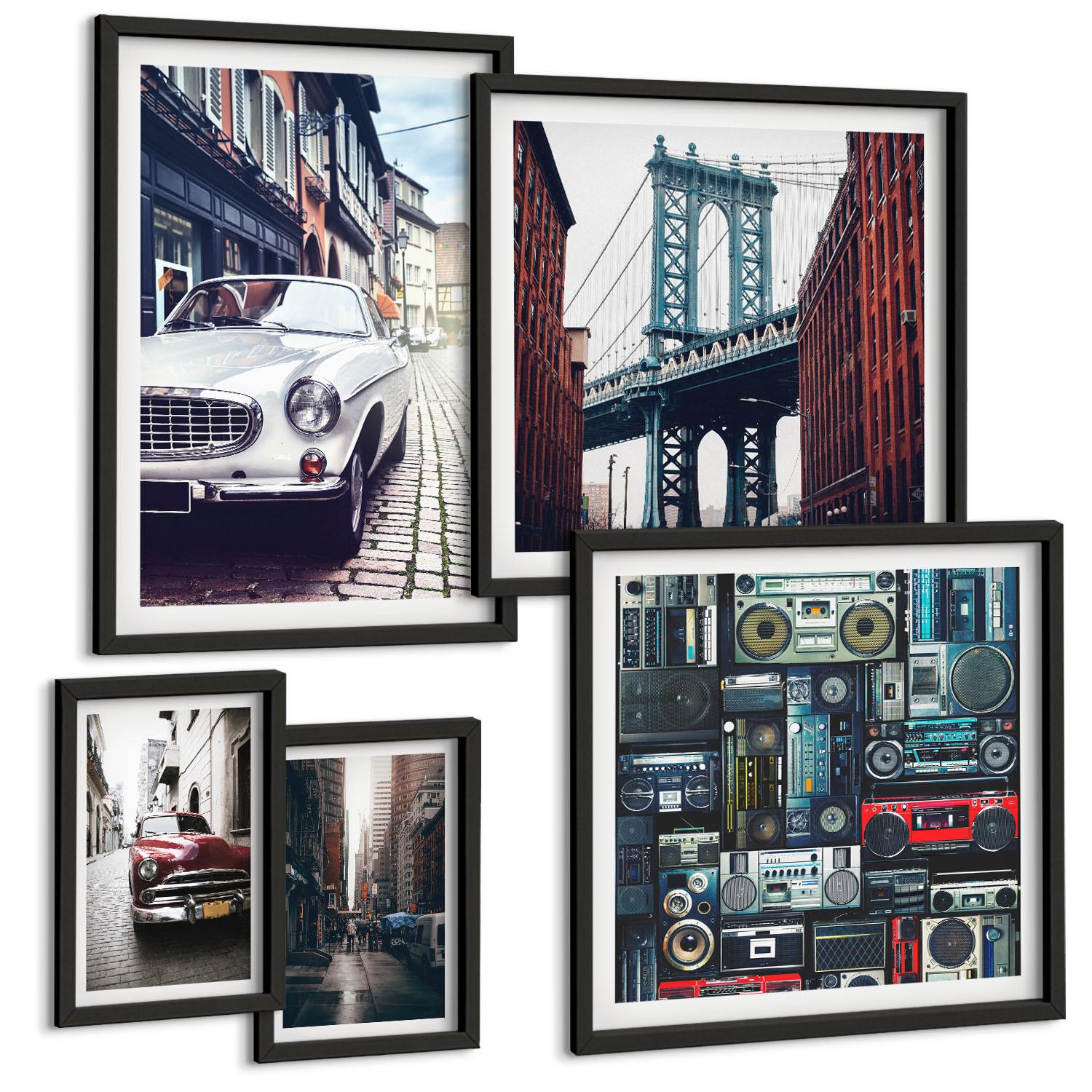 BILDER SET 5er Set - 50x50 cm & 20x30 cm & 40x60 cm Schwarzer Rahmen - Old Cars Brooklyn Retro-Audio - Schwarz, Kunststoff (40/60cm) - TULUP