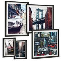 BILDER SET 5er Set - 50x50 cm & 20x30 cm & 40x60 cm Schwarzer Rahmen - Old Cars Brooklyn Retro-Audio - Schwarz, Kunststoff (40/60cm) - TULUP