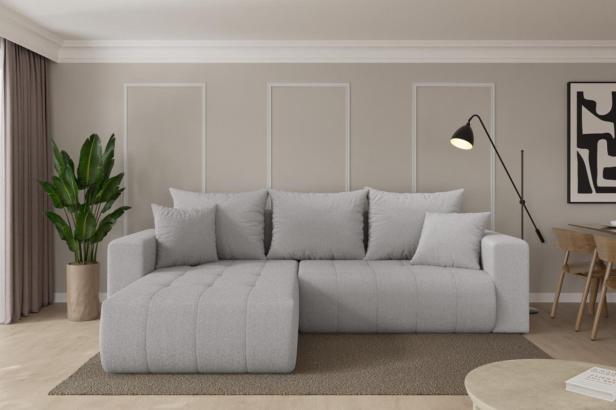 ECKSOFA mit Schlaffunktion Ottomane Links MILA-L 277x194x86 Hellgrau Bouclé - Silberfarben/Hellgrau, Holzwerkstoff/Kunststoff (277/194cm) - ALTDECOR