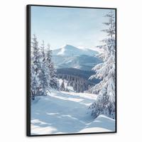 LEINWAND Bilder mit Rahmen - Winterlandschaft - Natur - Berge - Bäume - Schnee - 70x100 - Hellblau, Textil (70/100cm) - MuchoWow