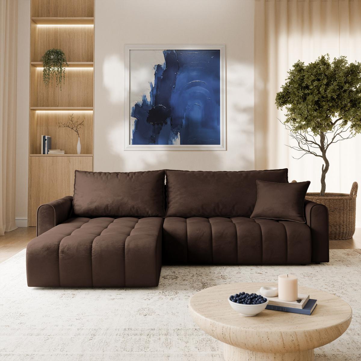 ECKSOFA FRIGA Braun Velours-Stoff mit Schlaffunktion - Braun, Holz (283/185cm) - MASSENO