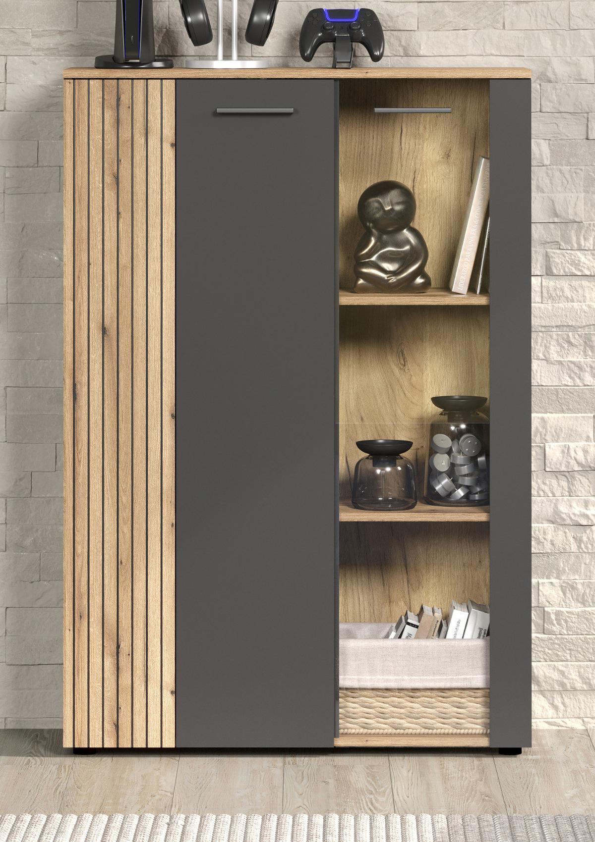 HIGHBOARD grau, Evoke Eiche 90 x 132 cm, Kommode in modernem Design - Eichefarben/Schwarz, Glas/Holzwerkstoff (90/132/34cm) - Top.Furn