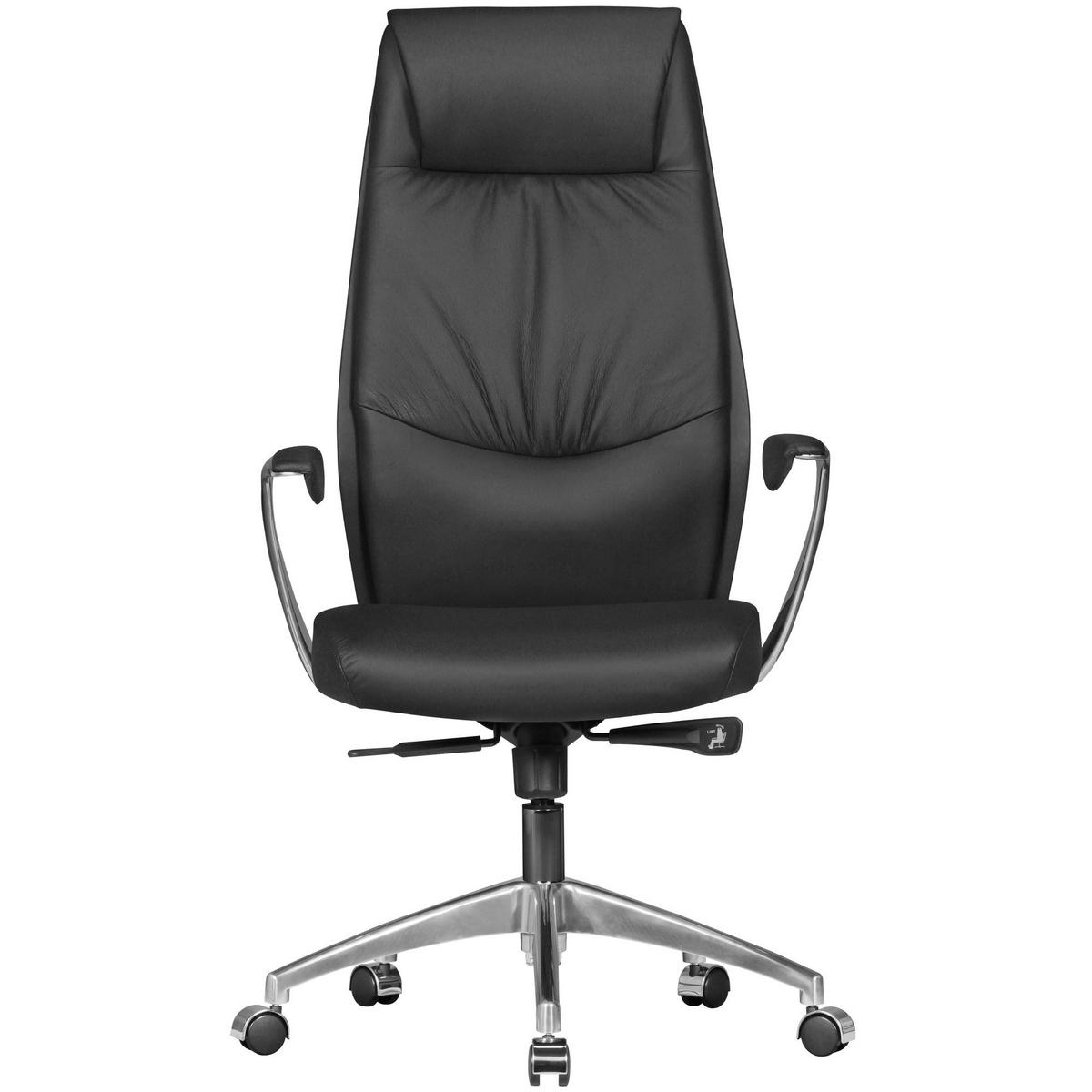 BÜROSTUHL Echtleder mit Synchronmechanik, Kopfstütze und hoher Rückenlehne, Schwarz 67x58x125 cm - Silberfarben/Schwarz, Leder/Metall (67/125/58cm) - KADIMA DESIGN