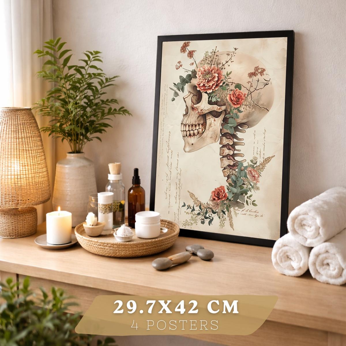 POSTER Set aus 4 Vintage Anatomie Drucke und Wandbilder mit Blumen Herz Lungen Schädel und Gehirn Wanddekoration Größe Schwarzer Rahmen A3 - Schwarz, Papier (29.7/42/3cm) - Nacnic