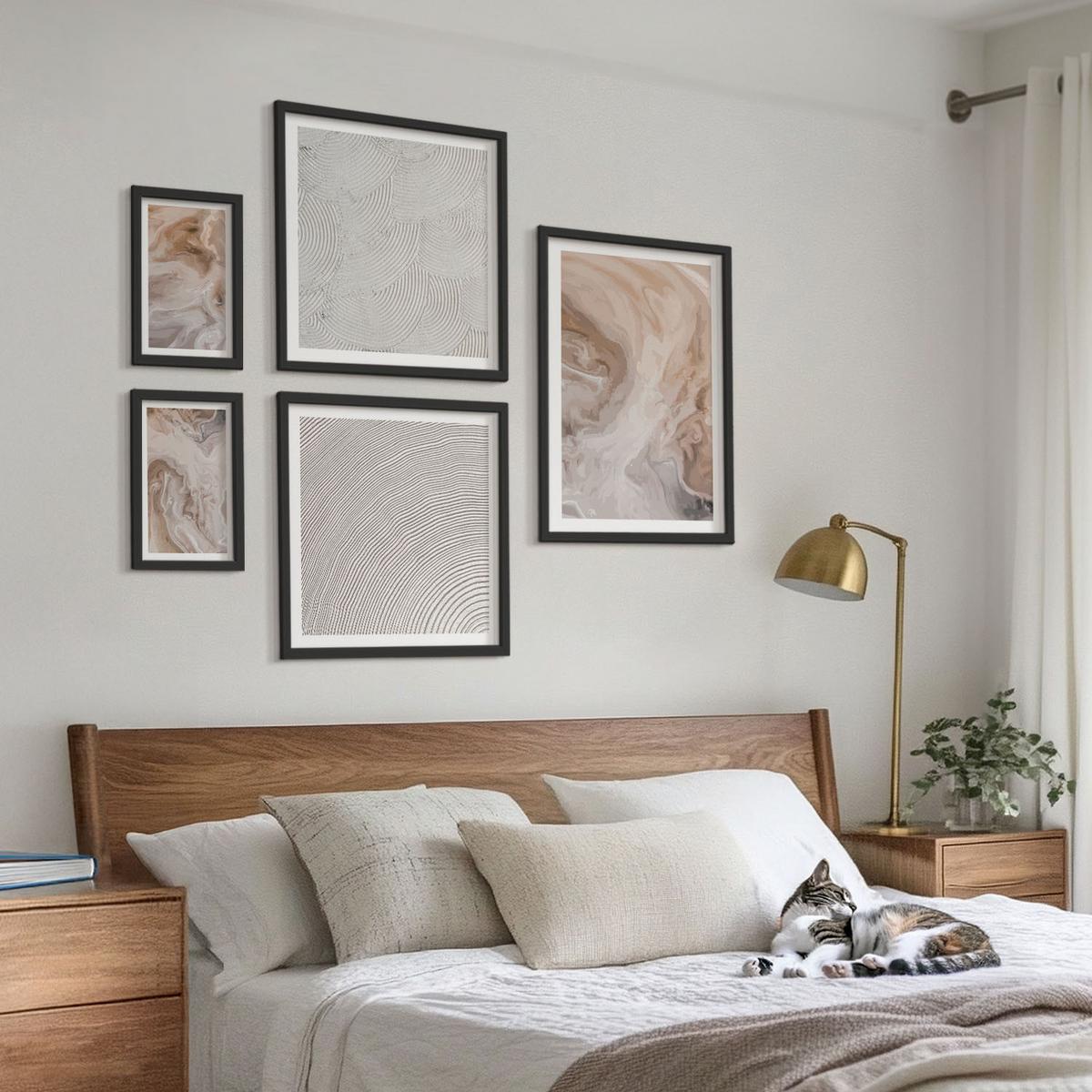 BILDER SET 5er Set - 50x50 cm & 20x30 cm & 40x60 cm Schwarzer Rahmen - Marmorstein-Texturmuster - Schwarz, Kunststoff (40/60cm) - TULUP