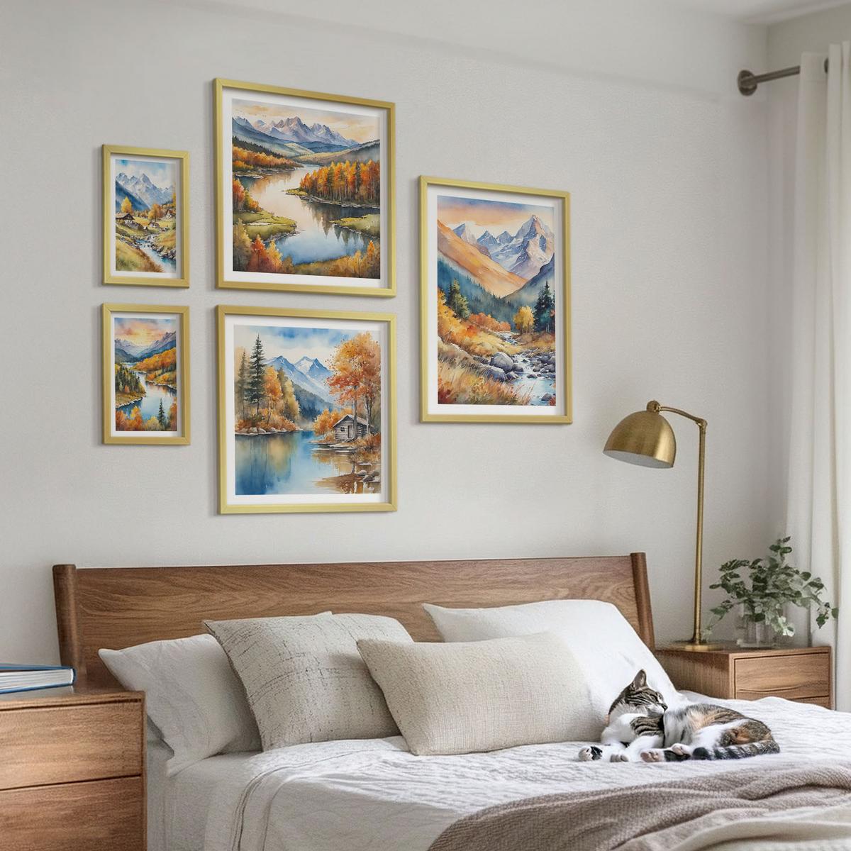 BILDER SET 5er Set - 50x50 cm & 20x30 cm & 40x60 cm Goldrahmen - Berglandschaft, Flusshütten - Goldfarben, Kunststoff (40/60cm) - TULUP