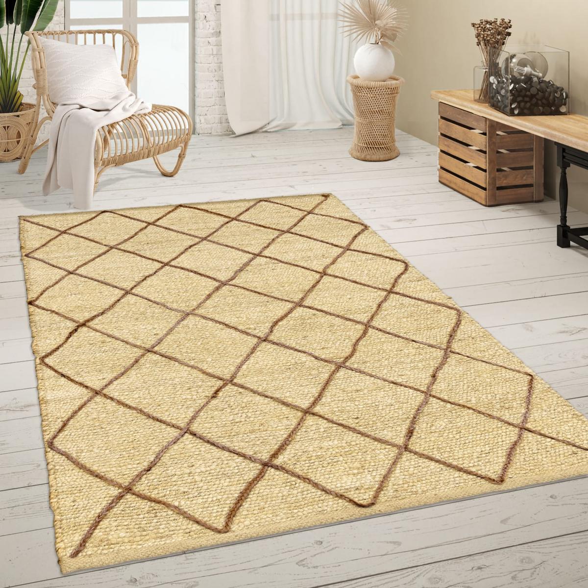 JUTETEPPICH handgewebt wendbar, mit Rautenmuster, Creme, 80 x 150 cm - Beige, Textil (150/80cm) - KADIMA DESIGN