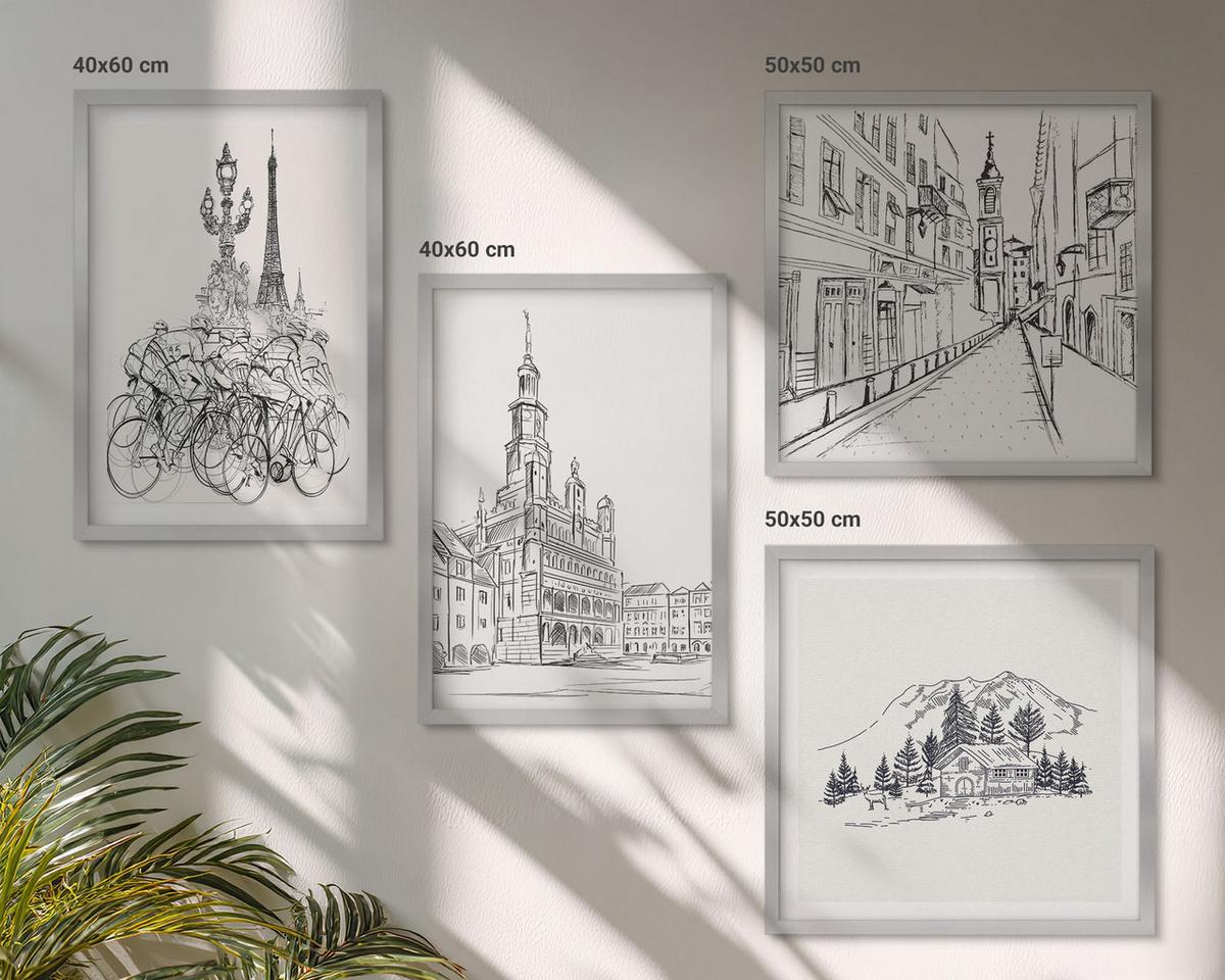 BILDER SET 4er Set - 50x50 cm & 40x60 cm Silberner Rahmen - Einfache Zeichnungen von Stadtansichten - Silberfarben, Kunststoff (50/50cm) - TULUP