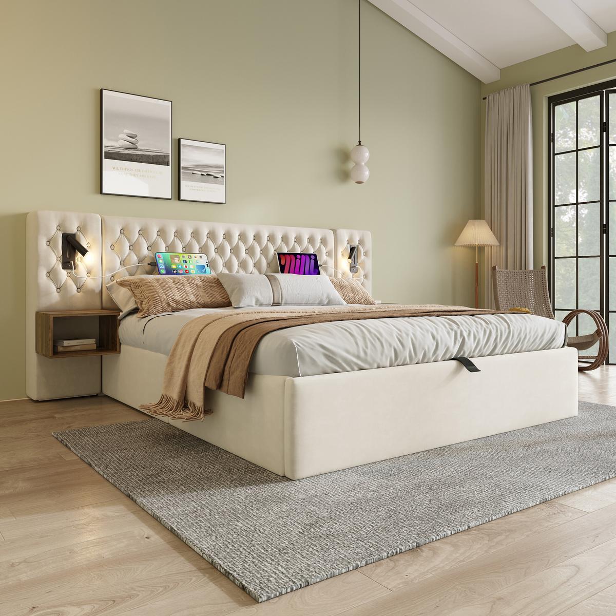 DOPPELBETT Beige 261/210/105 cm - Beige, Holzwerkstoff/Textil - Urban Meuble