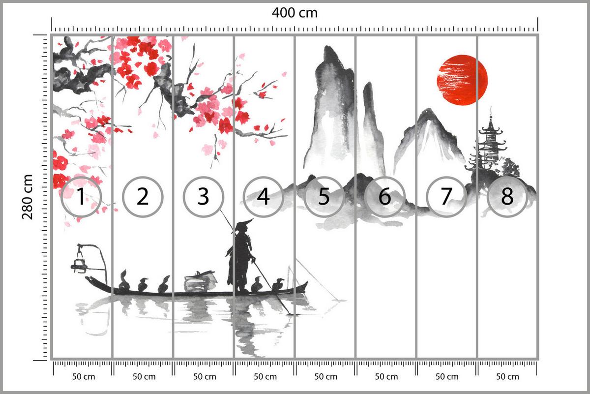 FOTOTAPETE Japanische Landschaft Aquarell 400x280 - Rot/Schwarz, Papier (400/280cm) - Muralo