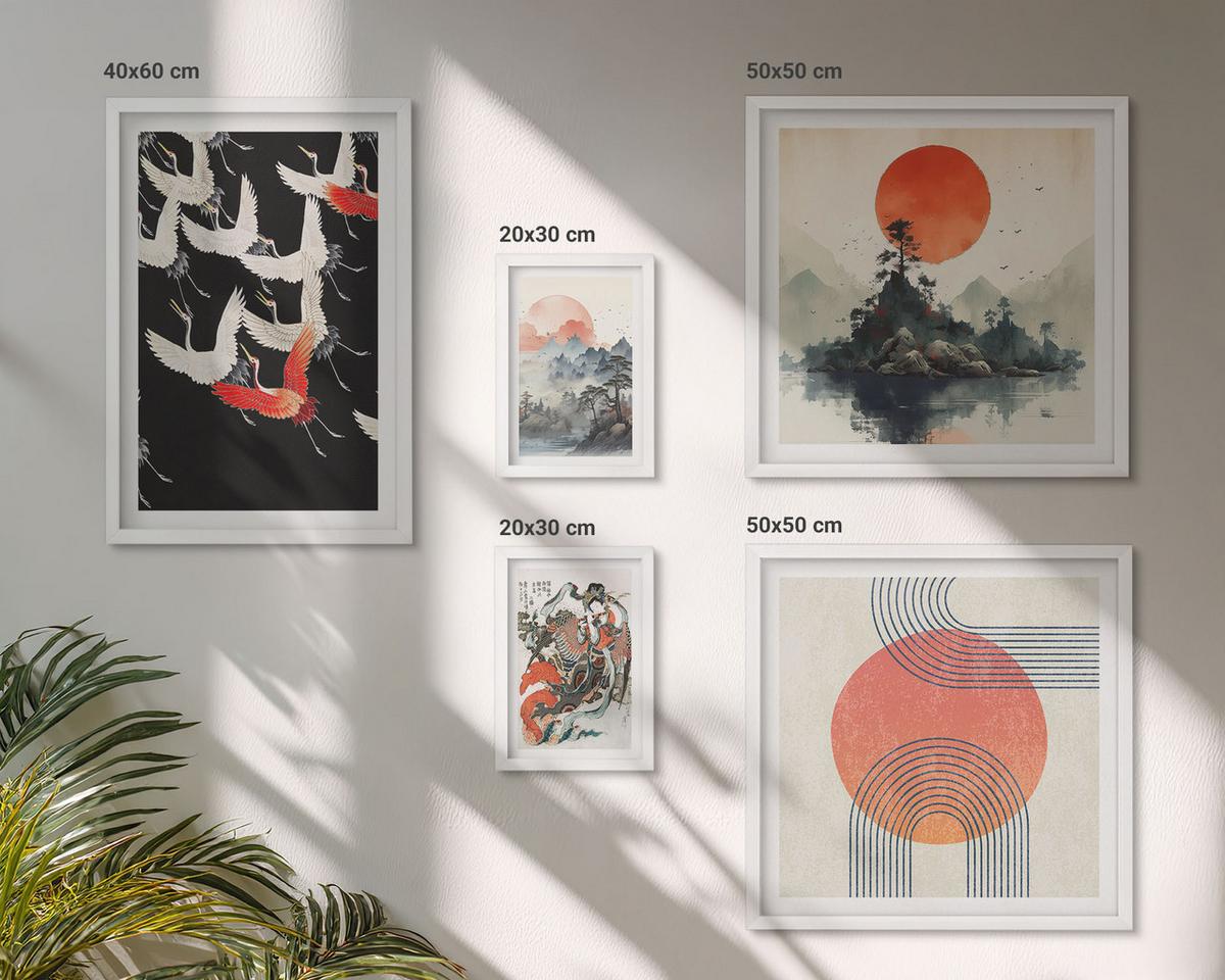 BILDER SET 5er Set - 50x50 cm & 20x30 cm & 40x60 cm Weißer Rahmen - Asiatische Landschaften Japandi - Weiß, Kunststoff (40/60cm) - TULUP