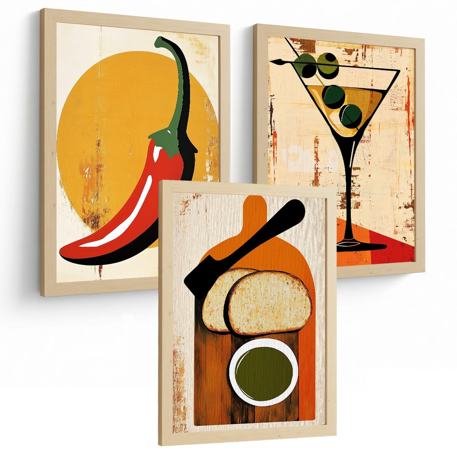 POSTER 3er Set Küchen-Wandbilder Vintage Chili Martini und Brot Olivenöl Retro Esszimmer Bar Deko Leichter Holzrahmen A4 - Beige, Papier (29.7/1/21cm) - Nacnic