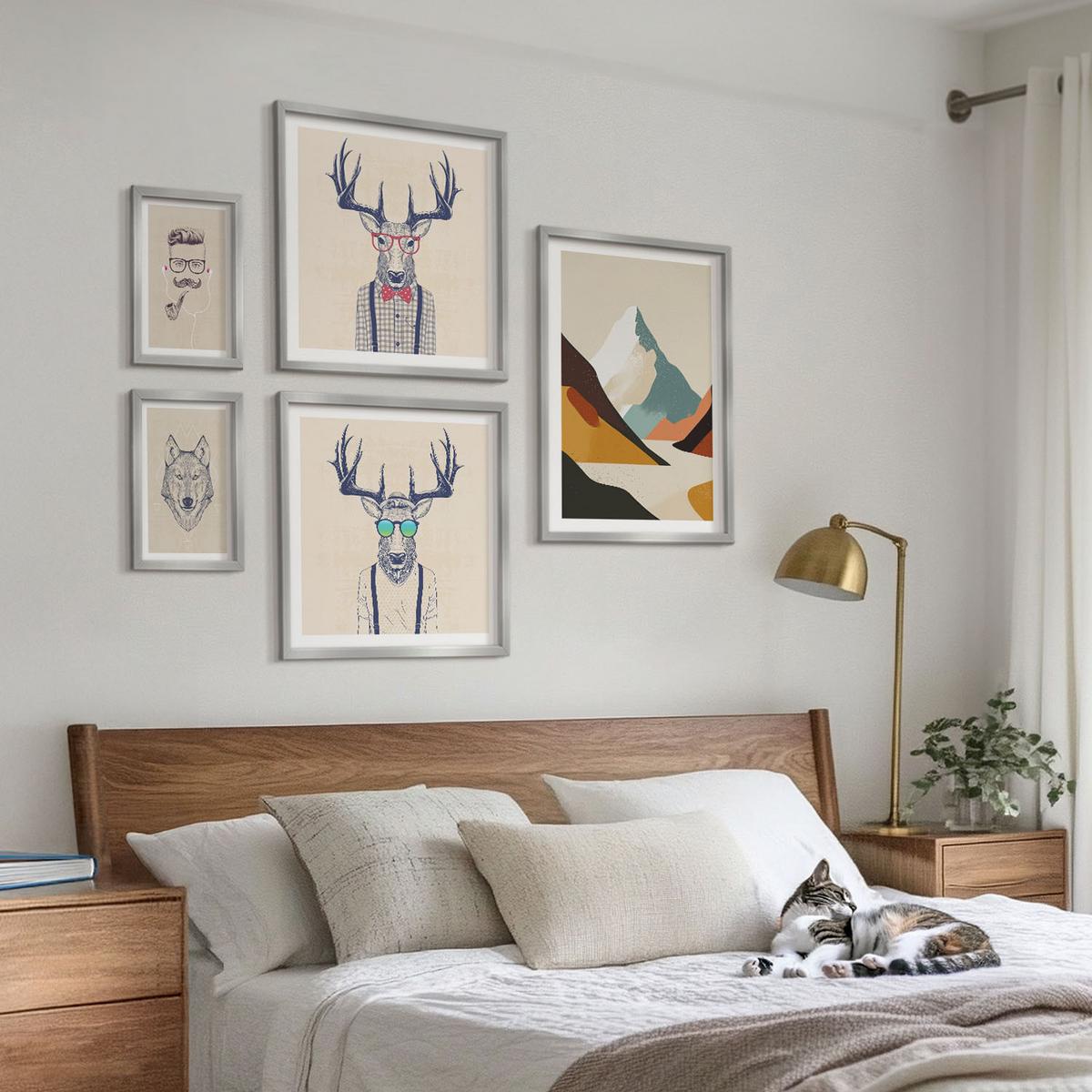 BILDER SET 5er Set - 50x50 cm & 20x30 cm & 40x60 cm Silberner Rahmen - Strand, Leuchtturm, Berge, Wiesen, Blumen - Silberfarben, Kunststoff (40/60cm) - TULUP