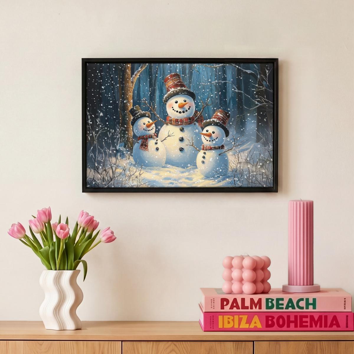 LEINWAND Bilder mit Rahmen - Schneemann - Schnee - Winter - Wald - 30x20 - Hellblau, Textil (30/20cm) - MuchoWow