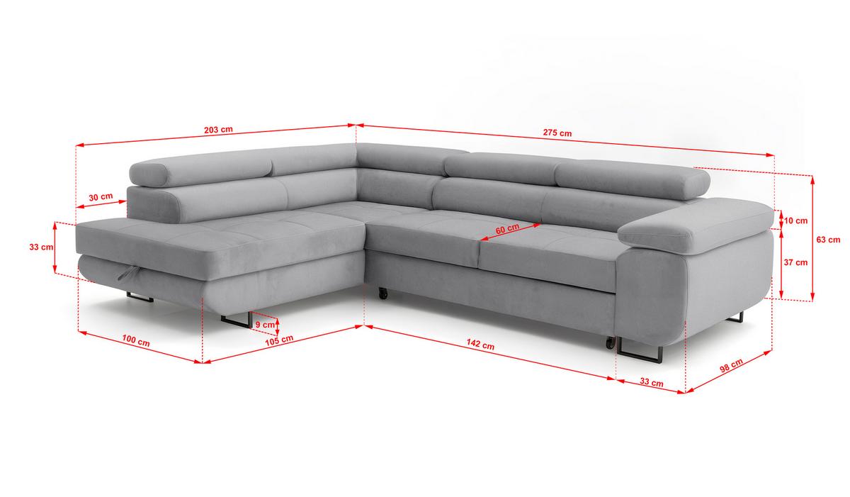 ECKSOFA Velmo mit Bettkasten und Schlaffunktion, verstellbaren Kopfstützen, in L-Form - Hellgrau, Textil (275/203cm)